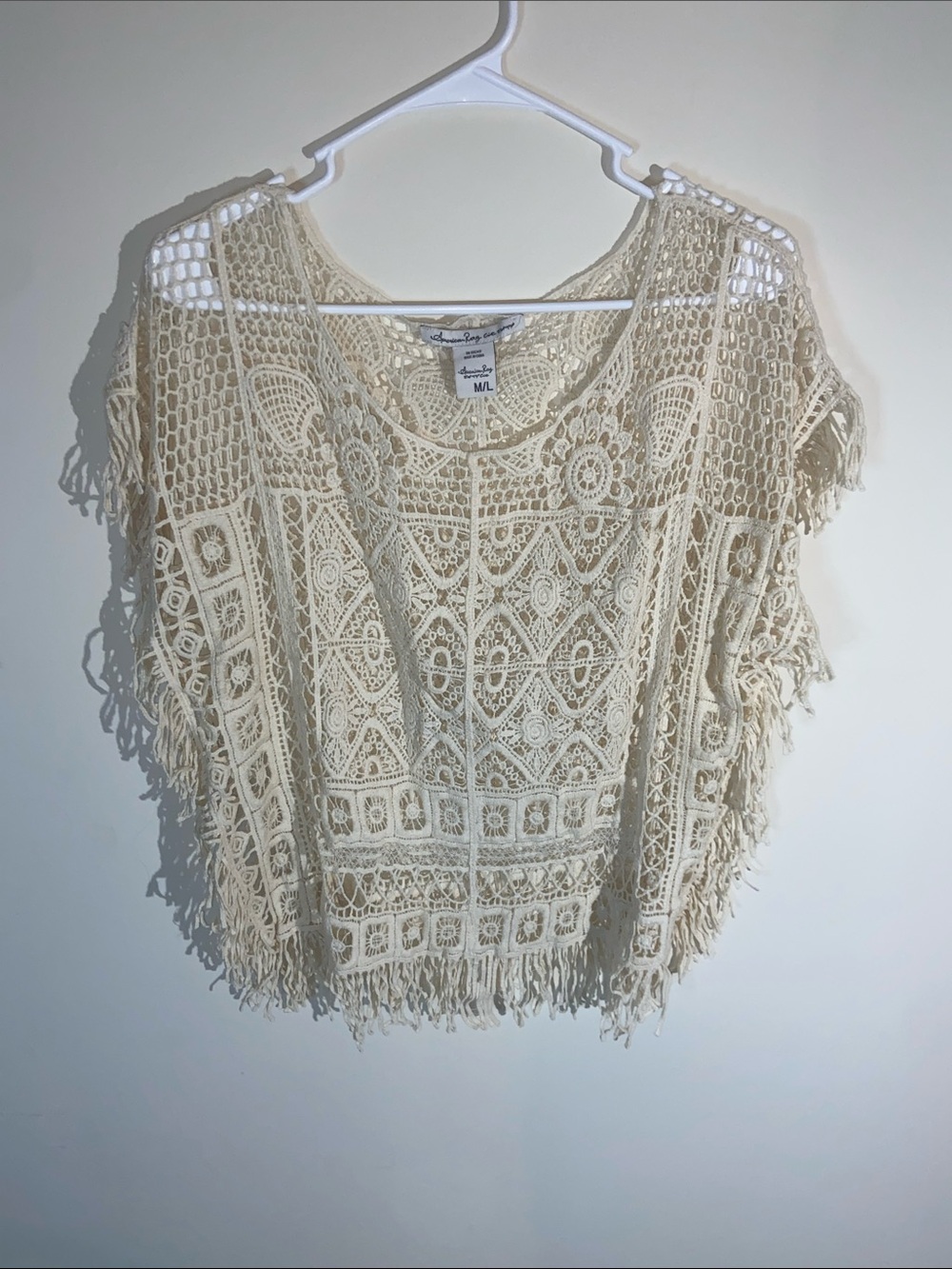 American Rag Cream Crochet Fringe Poncho Top Size M/L